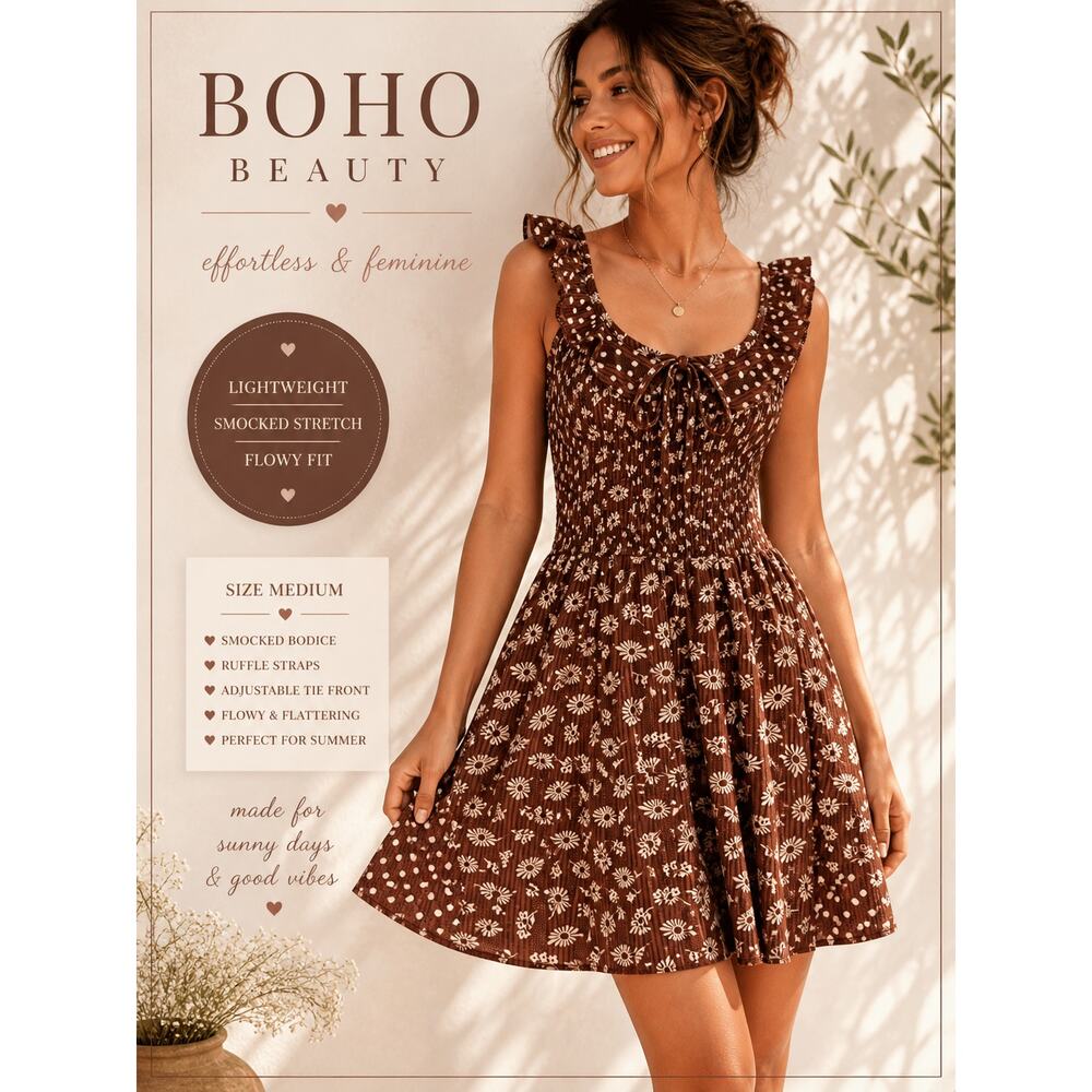 Boho Brown Floral Smocked Mini Dress Ruffle Strap Summer Medium
